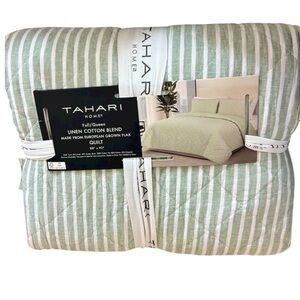Tahari Green & White Linen Cotton Blend European Grown Flax Queen Quilt 88”x92”